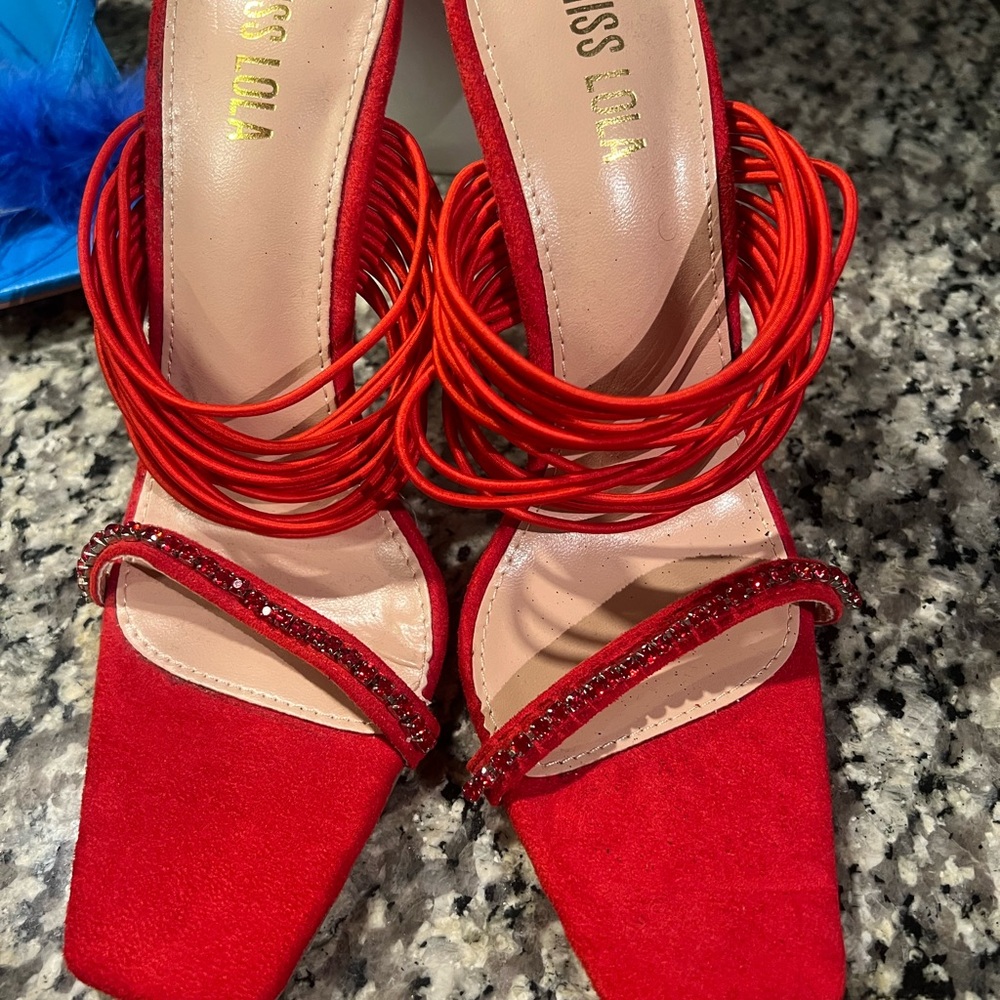 Brand New Miss Lola Vibrant Red Multi-Strap Heels with Rhinestone Accent